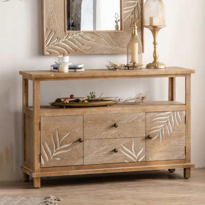 Natural Wood Coastal Console Table with Palm Leaf Etchings