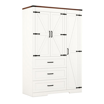 Farmhouse 3-door Wooden Armoire Wardrobe Closet With 3 Drawers, Wardrobe Closet With Hanging Rod And Shelves Tall Clothes Storage Cabinet For Bedroom