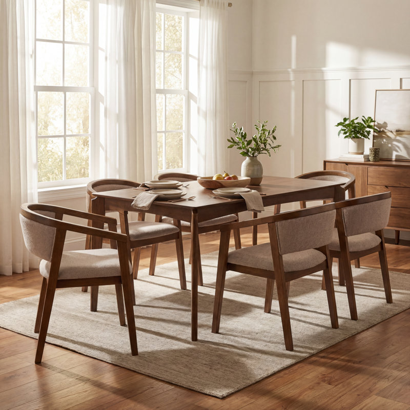Davisboro 7-Piece Mid Century Modern Dining Table Set With Boucle Upholstered Chairs