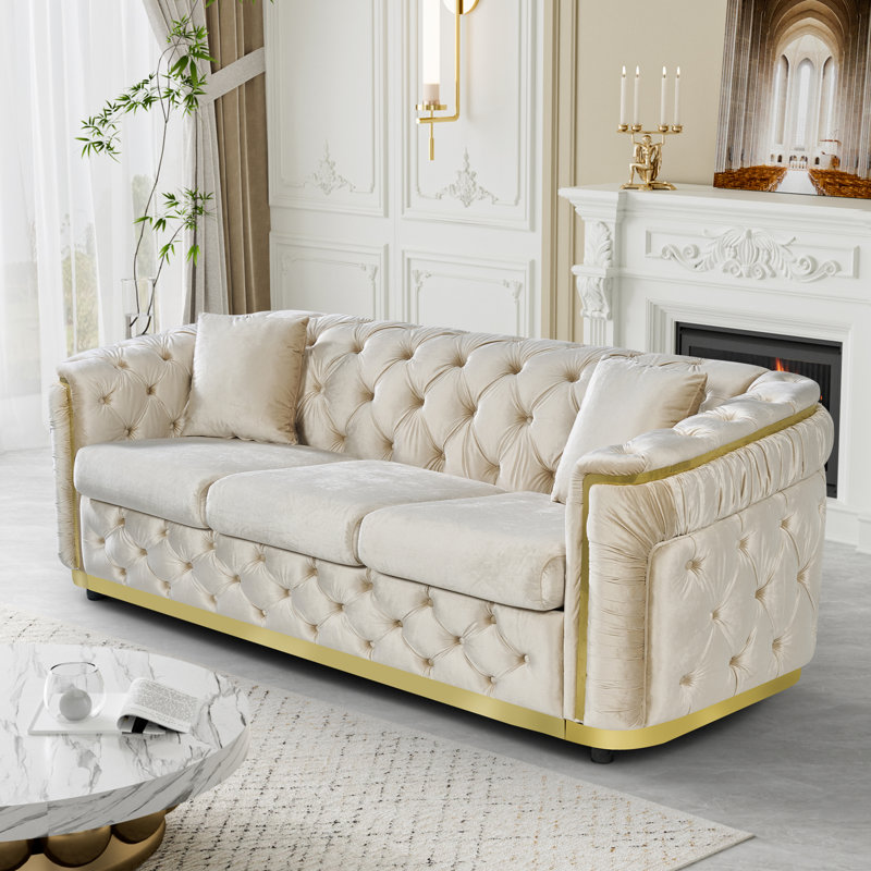 Canapé 85 po en velours Chesterfield, Beige/or