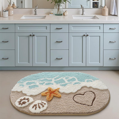 Soft And Absorbent Beach Bathroom Rug, Non-Slip Backing, Ideal For Bathroom, Kitchen And Entryway Decor, Sea Beach Starfish Shell Bath Decor, Blue, 24"X44"