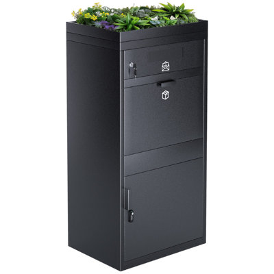 45.28" H  Galvanized Steel Package Delivery Box with Planter Top, Anti-Theft Parcel Mailbox with Combination Lock & Key Lock, Black Textured Finish for Porch & Apartment