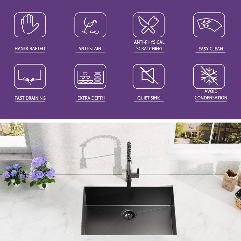 Gunmetal Black Stainless Steel Kitchen Sink - 27X17 Inch Undermount, 18 Gauge, Heavy-Duty Construction With Mounting Hardware Undermount Basin For Inch, Gauge Steel, And Stylish Drainage System