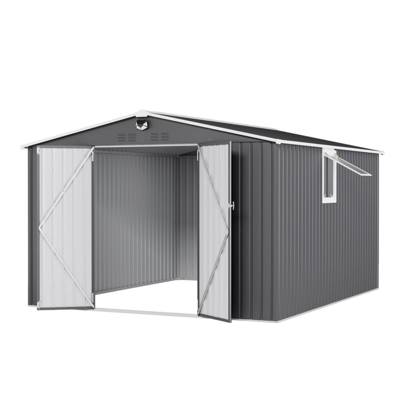 10 Ft. W x 12 Ft. D Metal Storage Shed with Upward-Opening Window, Lockable Doors & Handheld Work Light