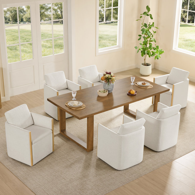 Chaises de salle à manger rembourrées avec roulettes, Blanc, crème