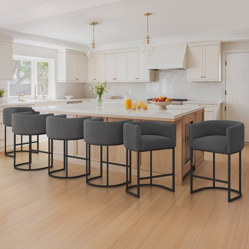 26" Upholstered Counter Stool with Metal Frame, Carbon Gray/Linen/Black