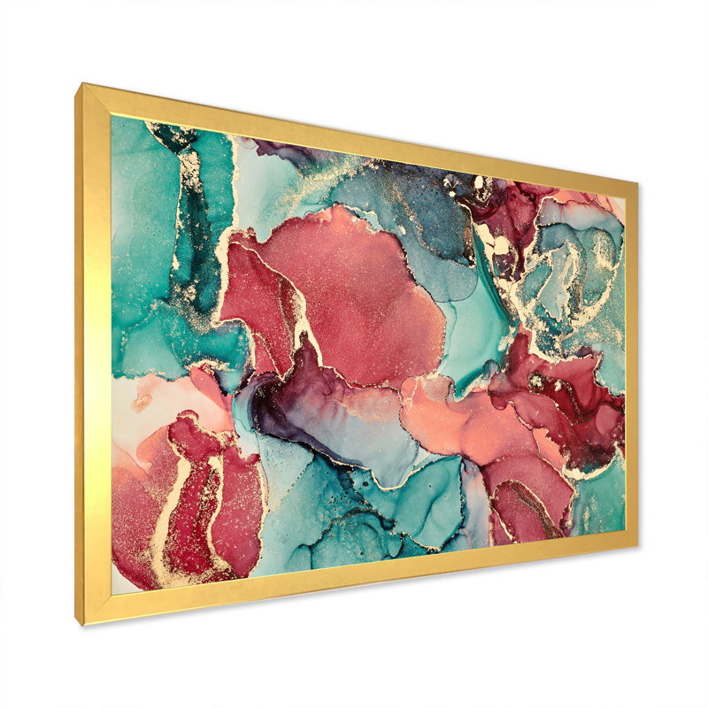 Bleu et mauve luxueux abstrait fluide X - peinture sur toile, H 30 po x l 40 po, Cadre doré à coins fermés