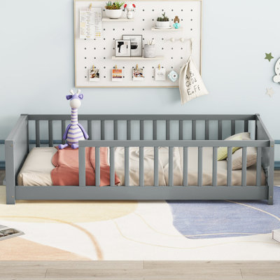 Lit plateforme simple avec support pour livres, plateforme à lattes en bois de pin pour enfants, gris