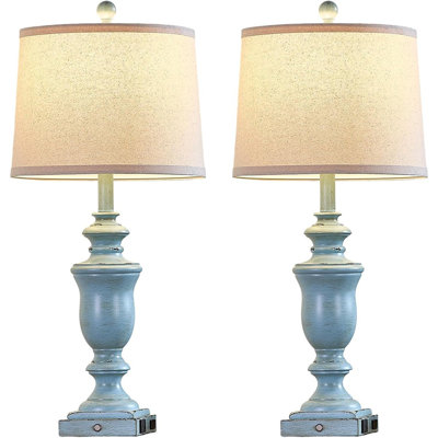 27.5" Set Of 2 Farmhouse Table Lamps For Bedroom, 3 Way Dimmable Bedside Lamp With 2 USB +AC Outlet Nightstand Lamps For Living Room Resin Rustic Touch Lamps(Antique Blue)