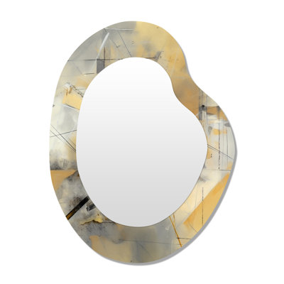 Jaune et gris au-delà de la toile II - peinture abstraite, miroir mural de forme irrégulière, miroir décoratif asymétrique jaune, impression sur métal
