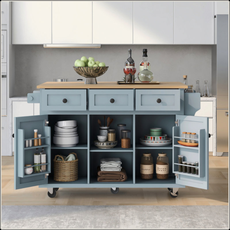 Drop-Leaf Kitchen Cart - 5-Wheel Rolling Kitchen Island with 3 Drawers, Cabinet Door Internal Storage Racks & Storage Cabinet for Dining Room