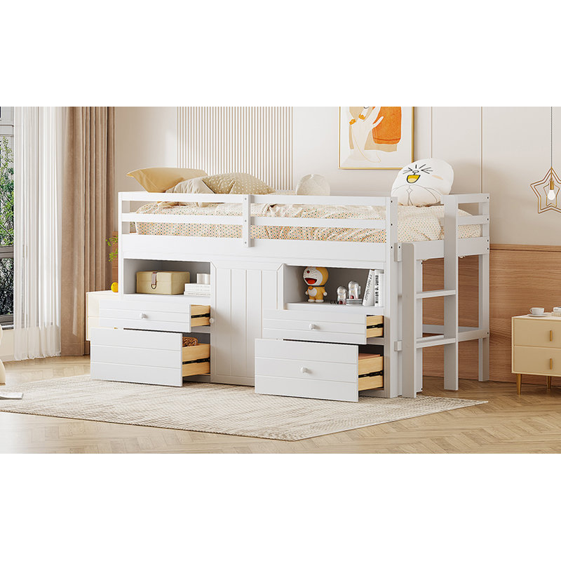 Lit mezzanine simple avec 4 tiroirs, sous l'armoire et les tablettes