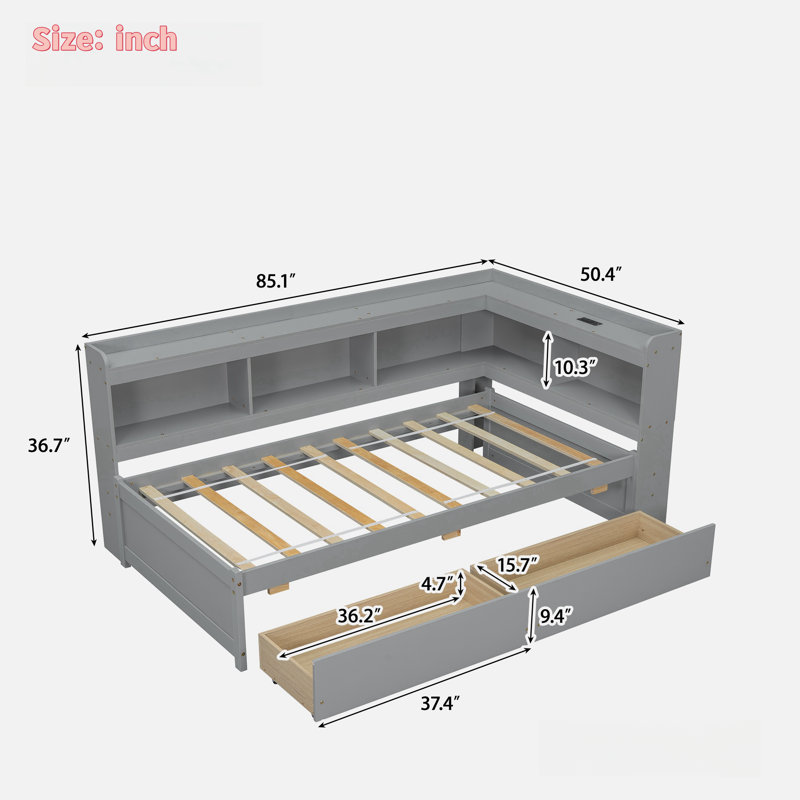 L-shaped Daybed With Bookcases, Charging Station And Two Drawers, Gray, Twin