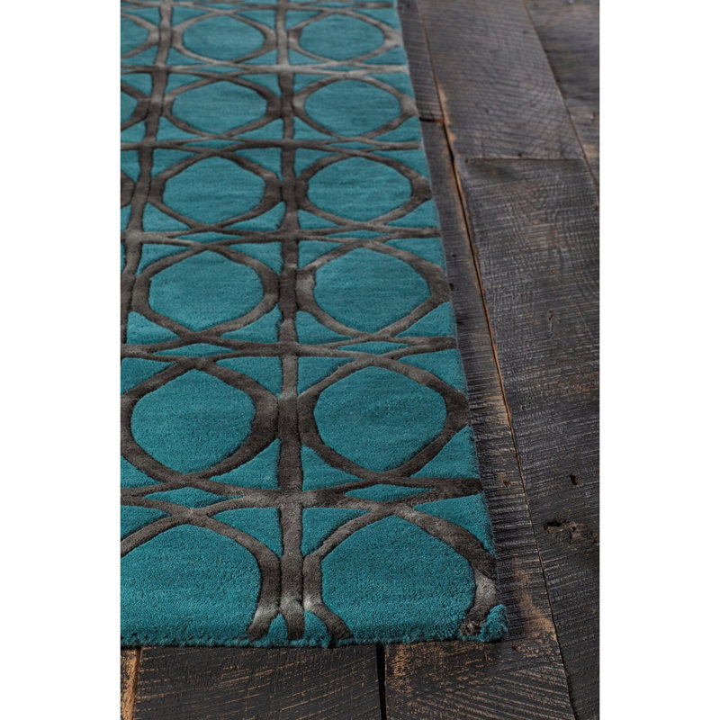 Sophisticated Black Geometric Tufted Wool Rug 5' x 7'