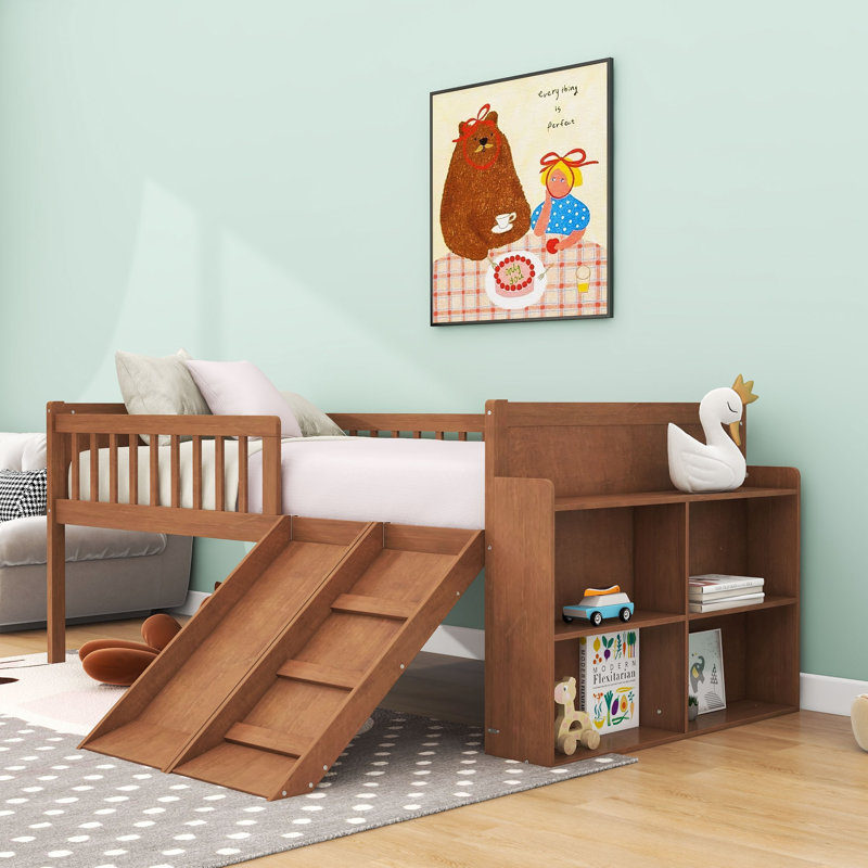 Wood Bed Frame with Storage Shelf, Slide and Guardrail, Light Walnut