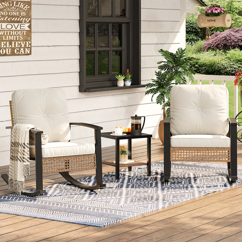 3-Piece Outdoor Wicker Rocking Conversation Set with Beige Cushions, Beige