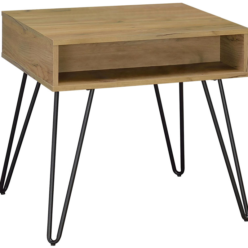 Table de bout polyvalente carrée en chêne doré et noir avec rangement en métal