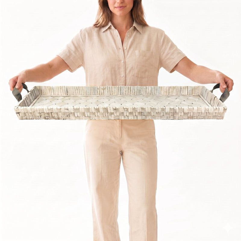 38" x 11.8" Extra Large Handwoven Wicker & Wood Tray with Handles – Oversized Long Decorative Tray for TV Console, Dining Table, Centerpiece – Farmhouse, Boho, Rustic Style