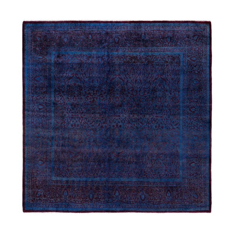 Tapis carré noué à la main de conception unique Rachal - bleu, 5 pi 10 po x 6 pi 2 po