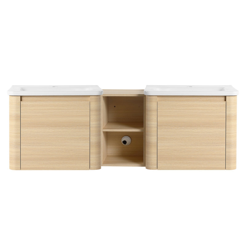 Meuble-lavabo mural 60 po avec lavabo en céramique blanche et tablettes de rangement et 2 portes à fermeture en douceur