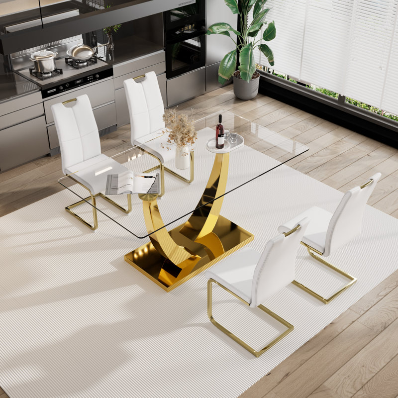 5 - Piece Rectangle Glass Pedestal Dining Set, Gold, White/Gold