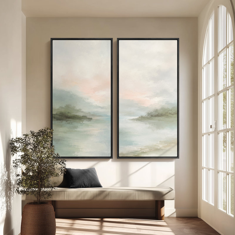Paysage côtier brumeux bleu sauge doux – Ensemble de 2 impressions d'art encadrées sur toile 60 po x 30 po x 2, Cadre noir