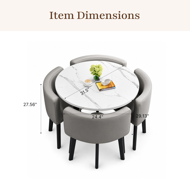 Ensemble de salle à manger rond moderne avec table à motif de marbre et 4 chaises rembourrées - Conception compacte et élégante pour les petits espaces