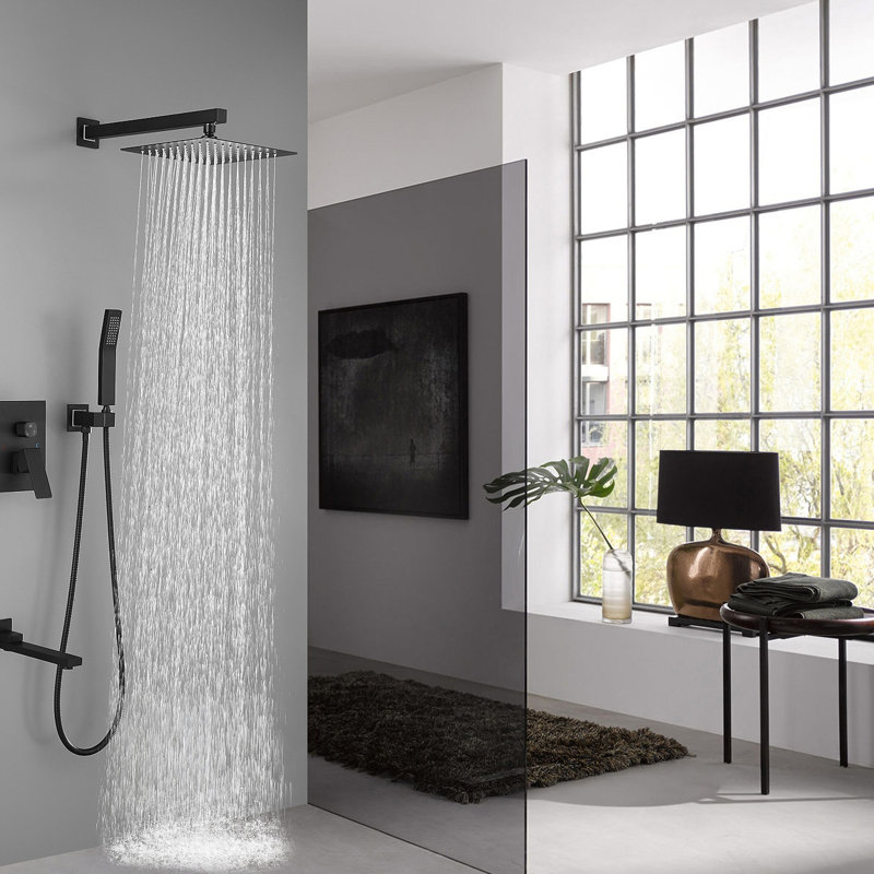 Matte Black 10 Inch Square Shower - Luxury Bathroom Rain Mixer With Easy Cleaning Nozzle Wall Mounted System Easy For