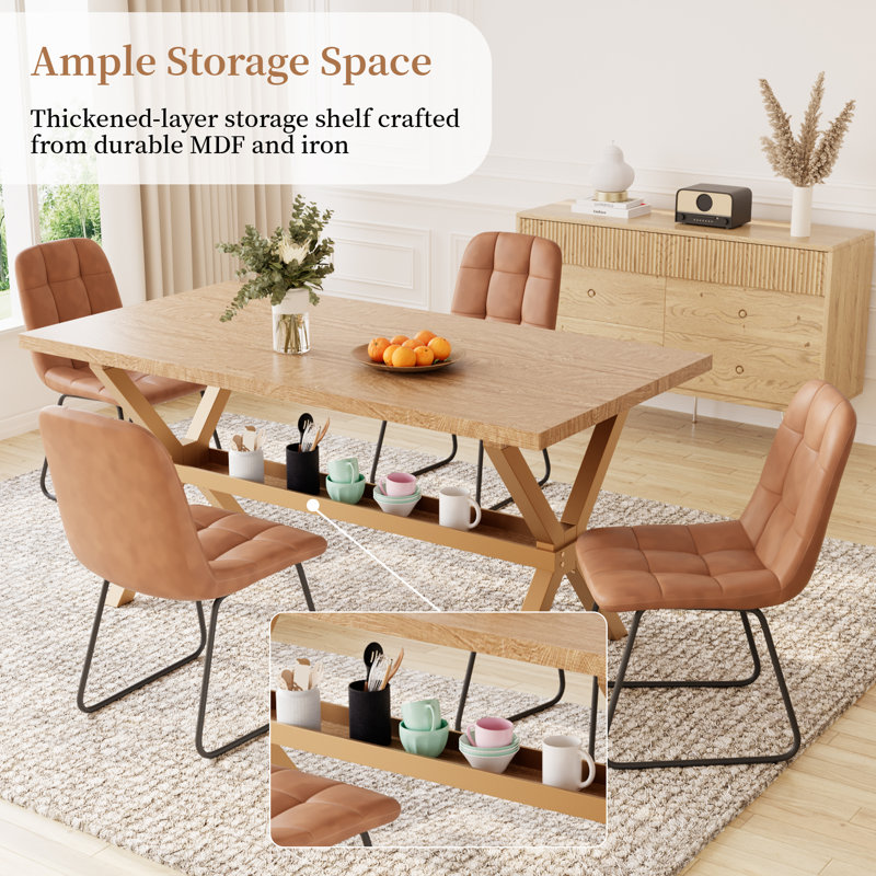 Kitchen Dining Set, 63'' Dining Table with 32.8'' Upholstered Dining Chairs(Table 4Chairs), Brown, 5 Pieces: Table, 4 Chairs