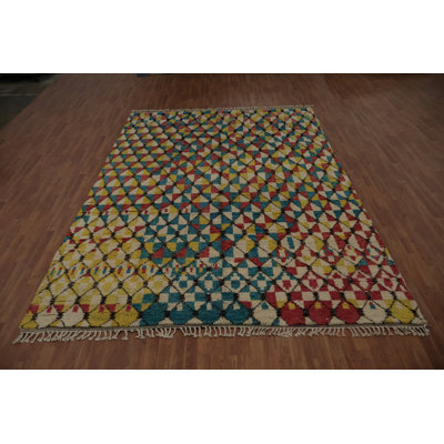 Bright Geometric Moroccan Area Rug 9x13 with Rich Diamond Forms