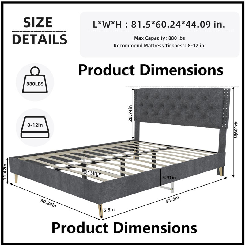 Lit de luxe grand capitonné en velours - Structure de lit tapissier gris doux avec support robuste pour une chambre confortable