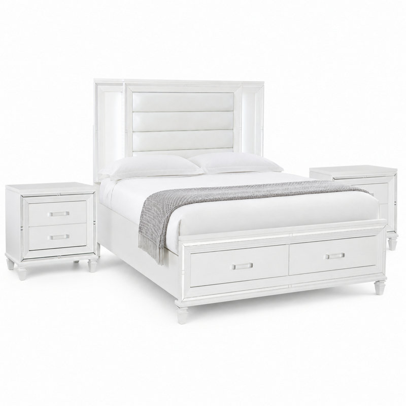 Ensemble de chambre à coucher grand lit, bois blanc, ensemble de 3 pièces avec 2 tables de chevet