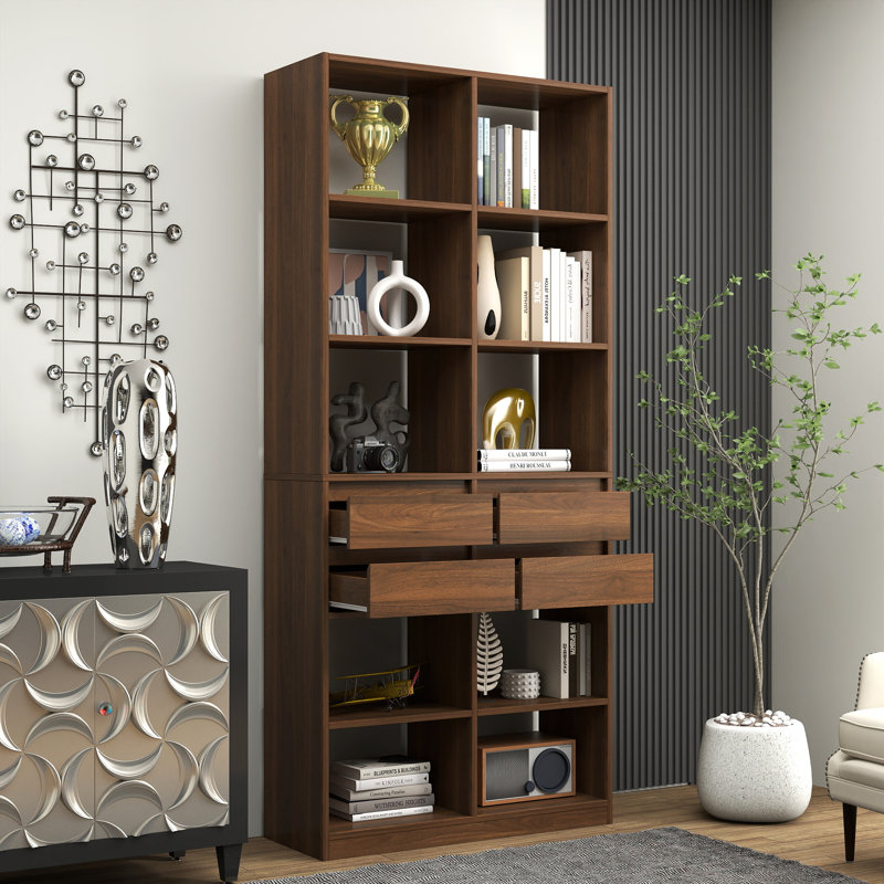 Bibliothèque ouverte à 4 tiroirs de rangement, 31,42 × 11,81 × 70,87 cm, vitrine haute autoportante en panneaux de particules, monobloc, couleur noyer, avec tiroirs