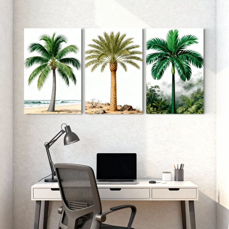Palmiers, palmiers, scène de plage, réflexions, paysage naturel, ensemble de 3 impressions sur toile, H 24 po x l 48 po