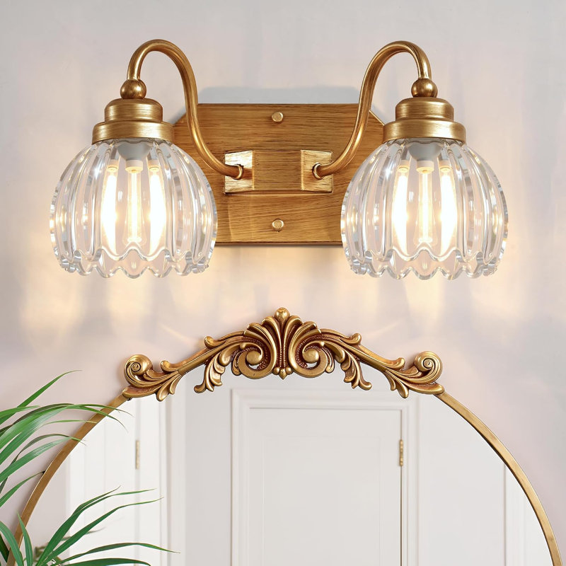 Appliques murales dorées vintage pour salle de bain, 2 lampes tulipe en cristal doré brossé, finition laiton antique mat, style milieu du siècle, pour chambre ou couloir, installation facile