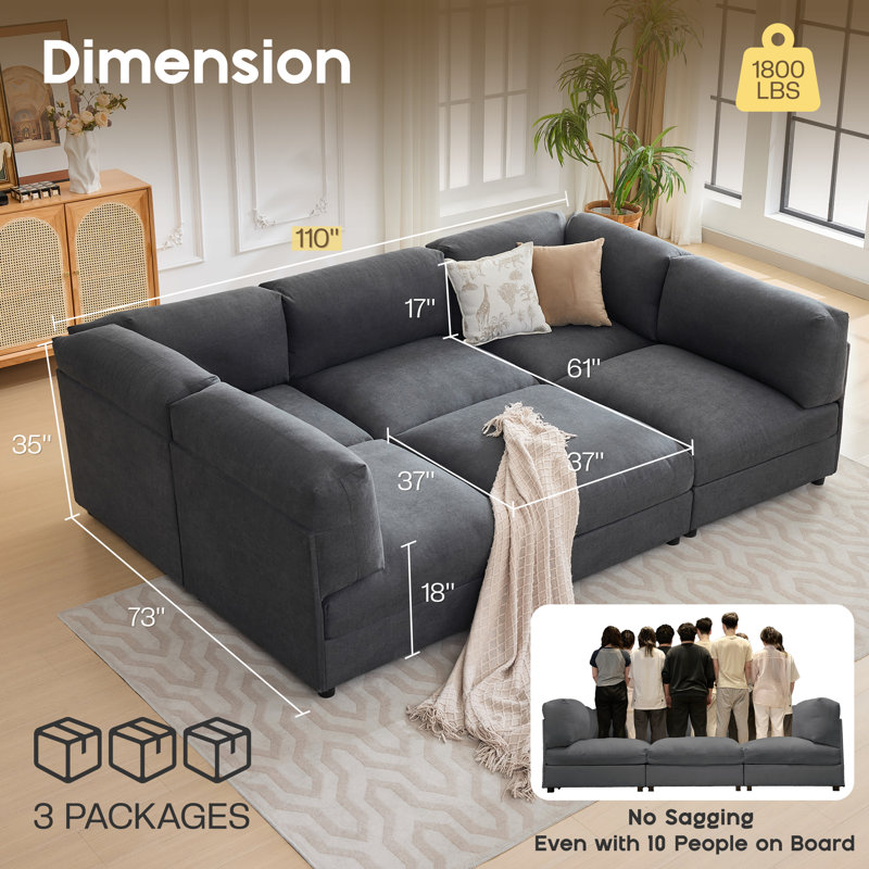 110" Modular Sectional Sofa, 6-seater Convertible Sofa Bed, U-shaped/l-shaped, Sleeper Sofa For Living Room, Gray Linen