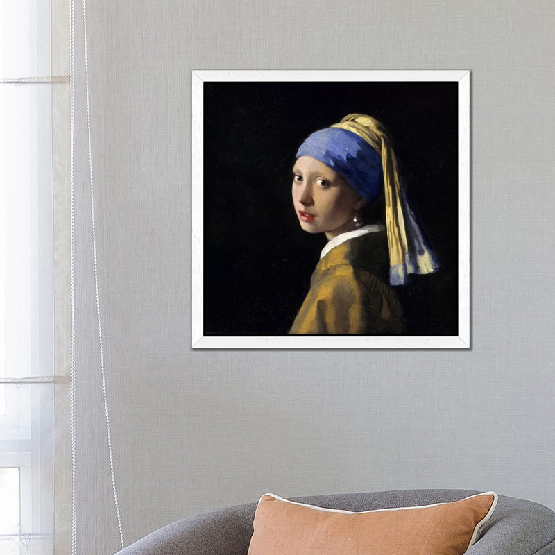 Girl With A Pearl Earring by Johannes Vermeer - Painting on Canvas, 45.72 cm H x 45.72 cm W, White Framed
