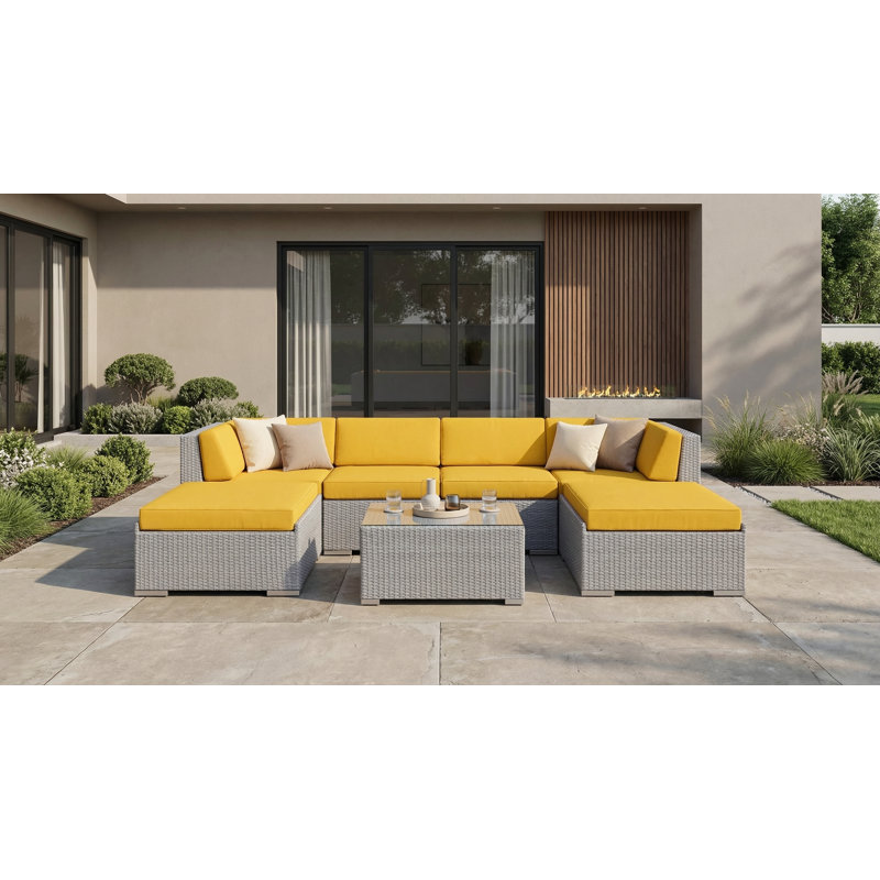 Billyjo Wicker 4 - Person Seating Group with Cushions - No Assembly, Canvas Sunflower Yellow Sunbrella® Canvas, Gray