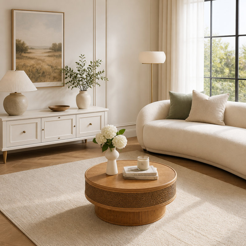 Table basse ronde ronde avec couvercle rabattable, corde de chanvre et rotin