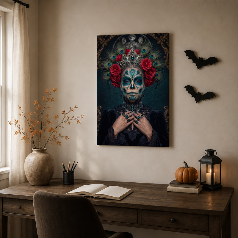 «Woman with Teal Sugar Skull And Peacock Feather», art mural sur toile, 30"H x 20"W