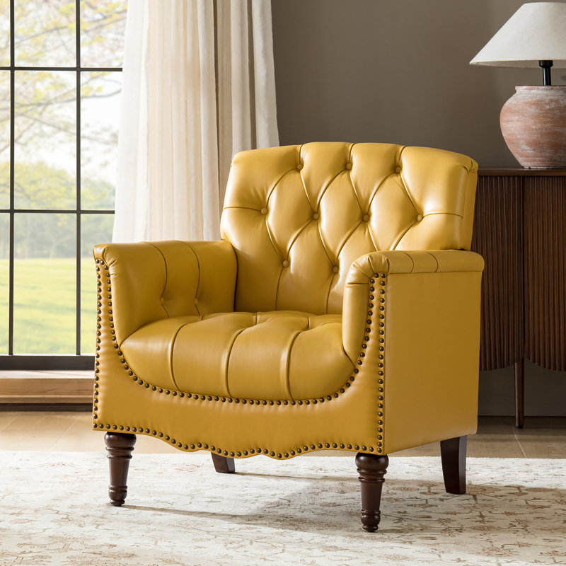 Annja 32" W Tufted Genuine Leather Armchair, Yellow Top Grain Leather