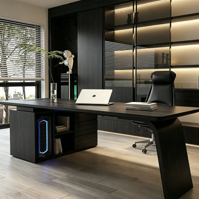 94.49" Modern light luxury L-shaped desk, available in black and smoky gray, with left or right orientation options.