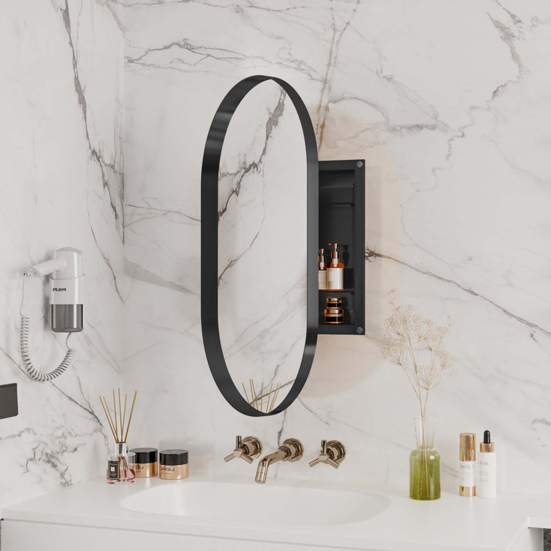 Armoire à pharmacie ovale encastrée, armoire de salle de bain murale en métal avec miroir et tablettes réglables, miroir mural avec rangement pour salle de bain