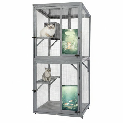 Grey, 70-inch wooden window-attached catio for outdoor use, featuring wheels, multiple platforms, a resting condo, lockable entry points, a transparent roof, and panels available in personalized colours.