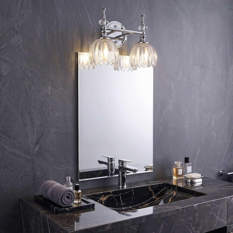 Modern Bathroom Vanity Light Fixture with Tulip Glass Shades, 2 Lights, Polished Chrome