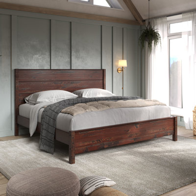 Hibir Rustic Solid Pinewood Bed Frame with Protective Top Trim, Modern Farmhouse Master Bedroom Platform Bed, Heavy-Duty Slat Support Base, No Box Spring Needed, Premium Style