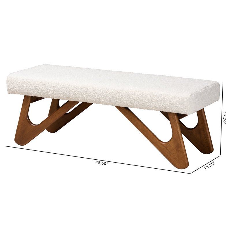 Cream Boucle Fabric and Walnut Wood Bench with Button-Tufted Seat
