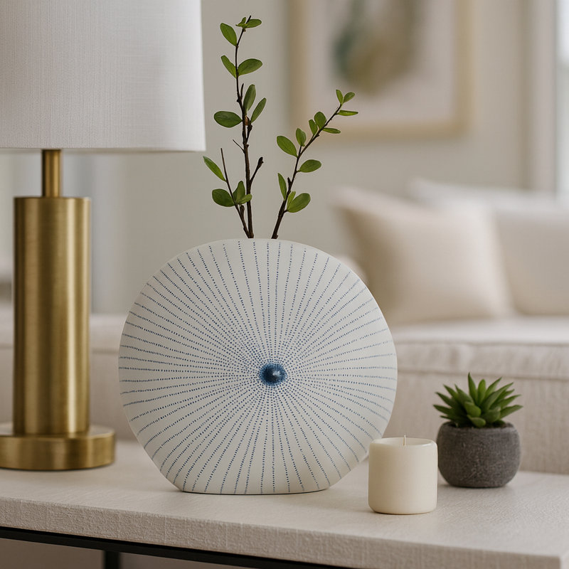 Handmade Stoneware Table Vase, 9" H x 10" W x 4" D, White/Blue