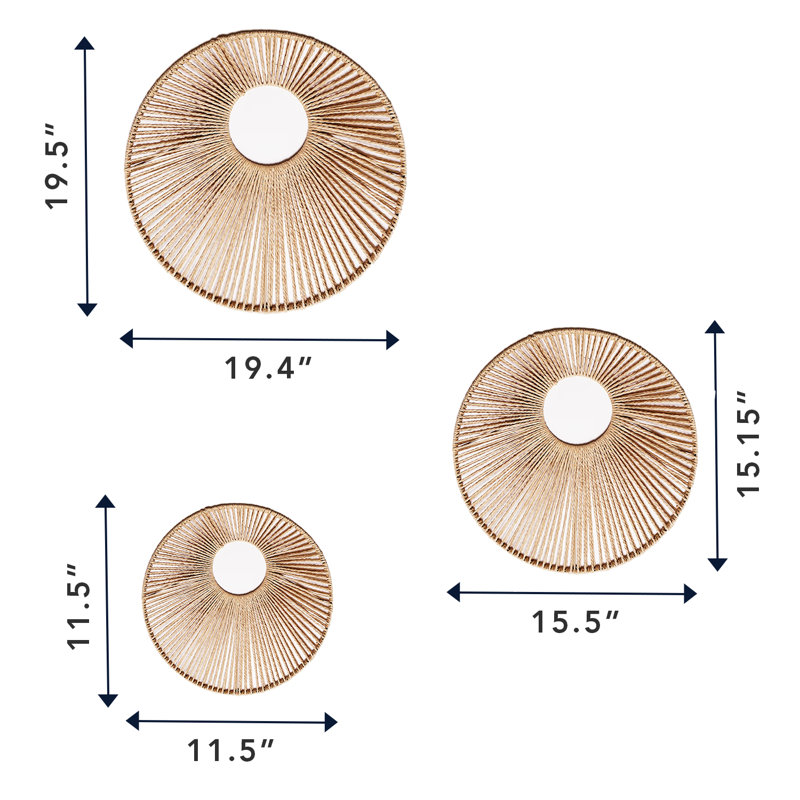 Molly 3-Piece Natural Paper Rope Woven Sunburst Wall Basket Decor Set for Boho Farmhouse Wall Decor
