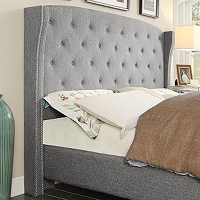 Tête de lit tapissier à oreilles en lin avec garniture cloutée double et capitonnage pour chambre à coucher, Lit double, Gris